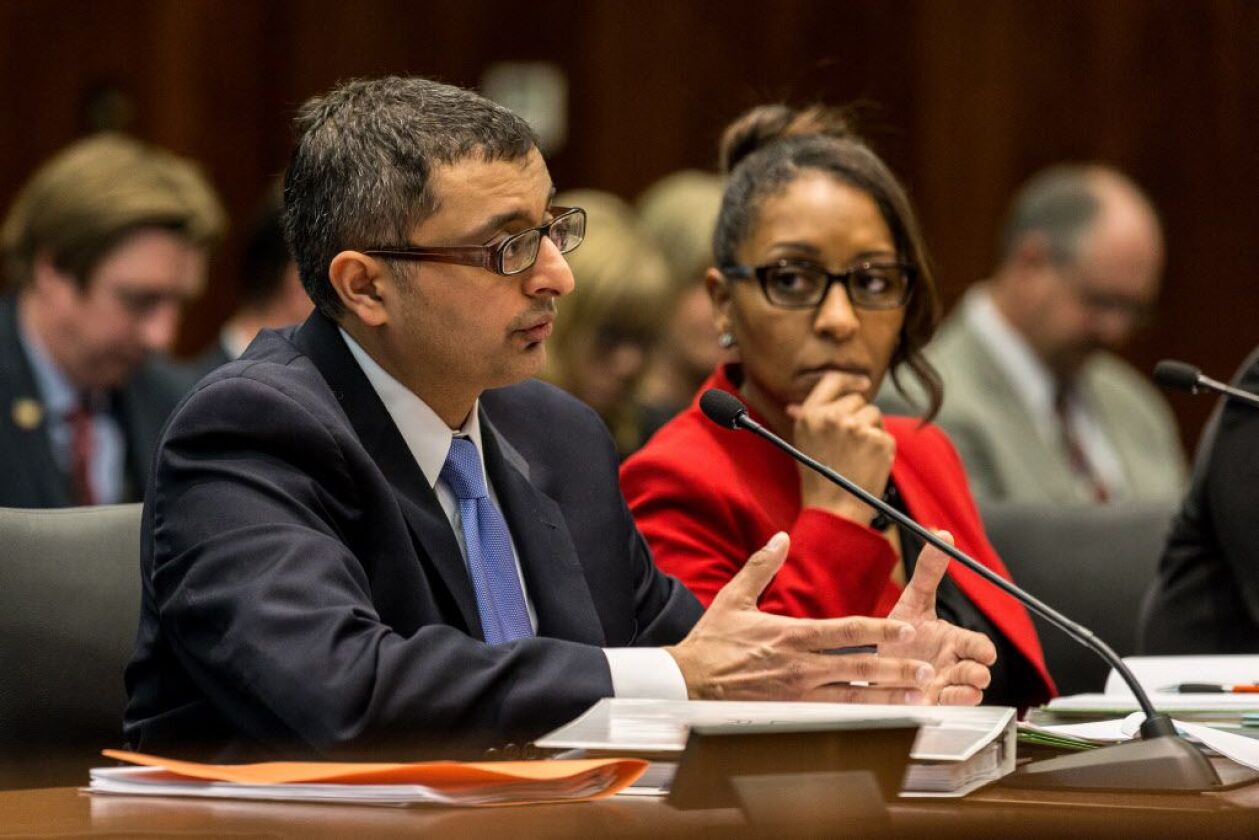 Director of the Illinois Department of Public Health Nirav Shah answers questions from the House and Senate’s Committees on Veterans Affairs March 5, 2018 during a legislative hearing about Legionnaires’ disease at Quincy Veterans Home. | Erin Brown/Sun-T